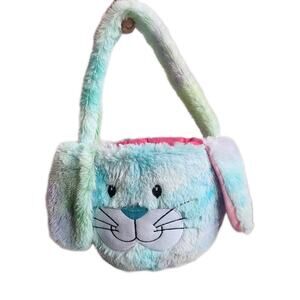 Plush Easter Holiday Candy Basket Pastel Furry Cute Bunny With Floppy Ears 10x6"